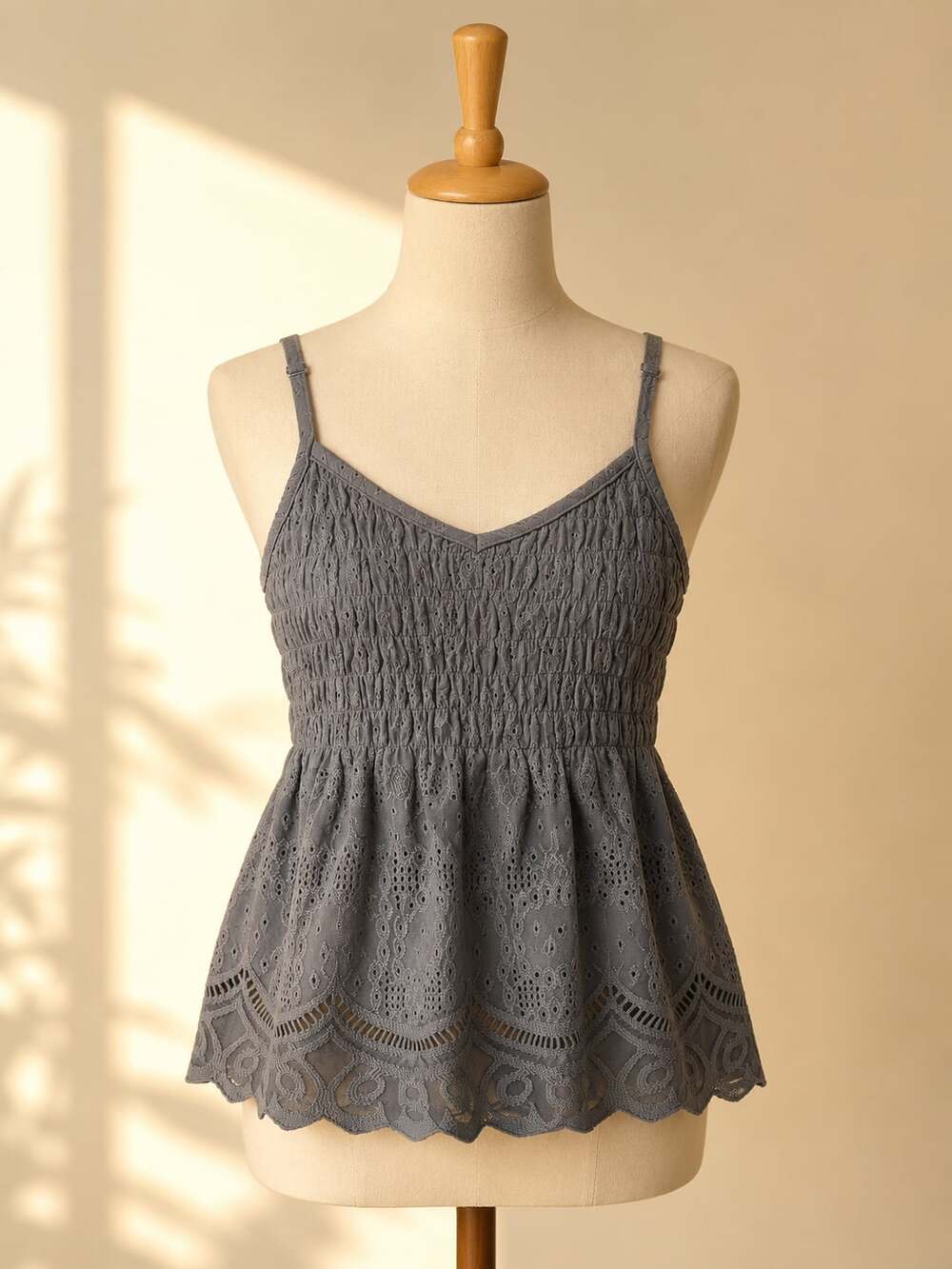 Urban Romantics Gray Eyelet Lace Smocked Babydoll Cami Tank Top S Y2k